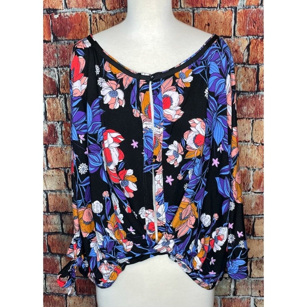 Free People Top Keepin' On Tie Sleeve Tee Floral Open Button Front Medium - Picture 2 of 8